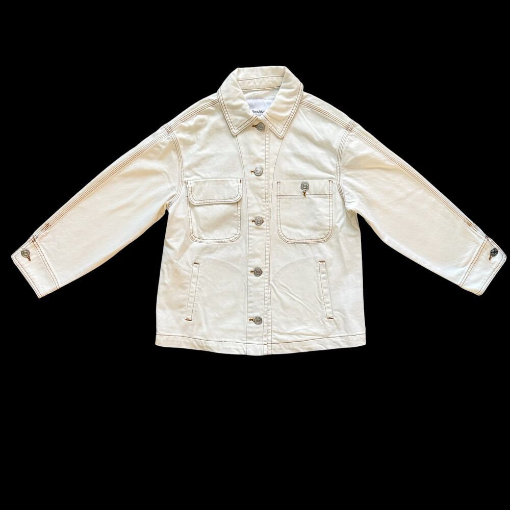 Bershka White Denim Jean Jacket Women's Size XS‎ Gold stitching streetwear